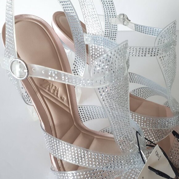 NWT Zara transparent rhinestone embellished vinyl heeled cage strappy sandals - Picture 14 of 15